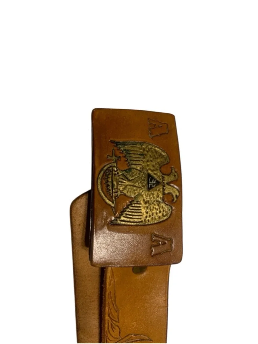 Vntg 70’s Men's hand painted Brown Leather Belt with Free Masons One Size